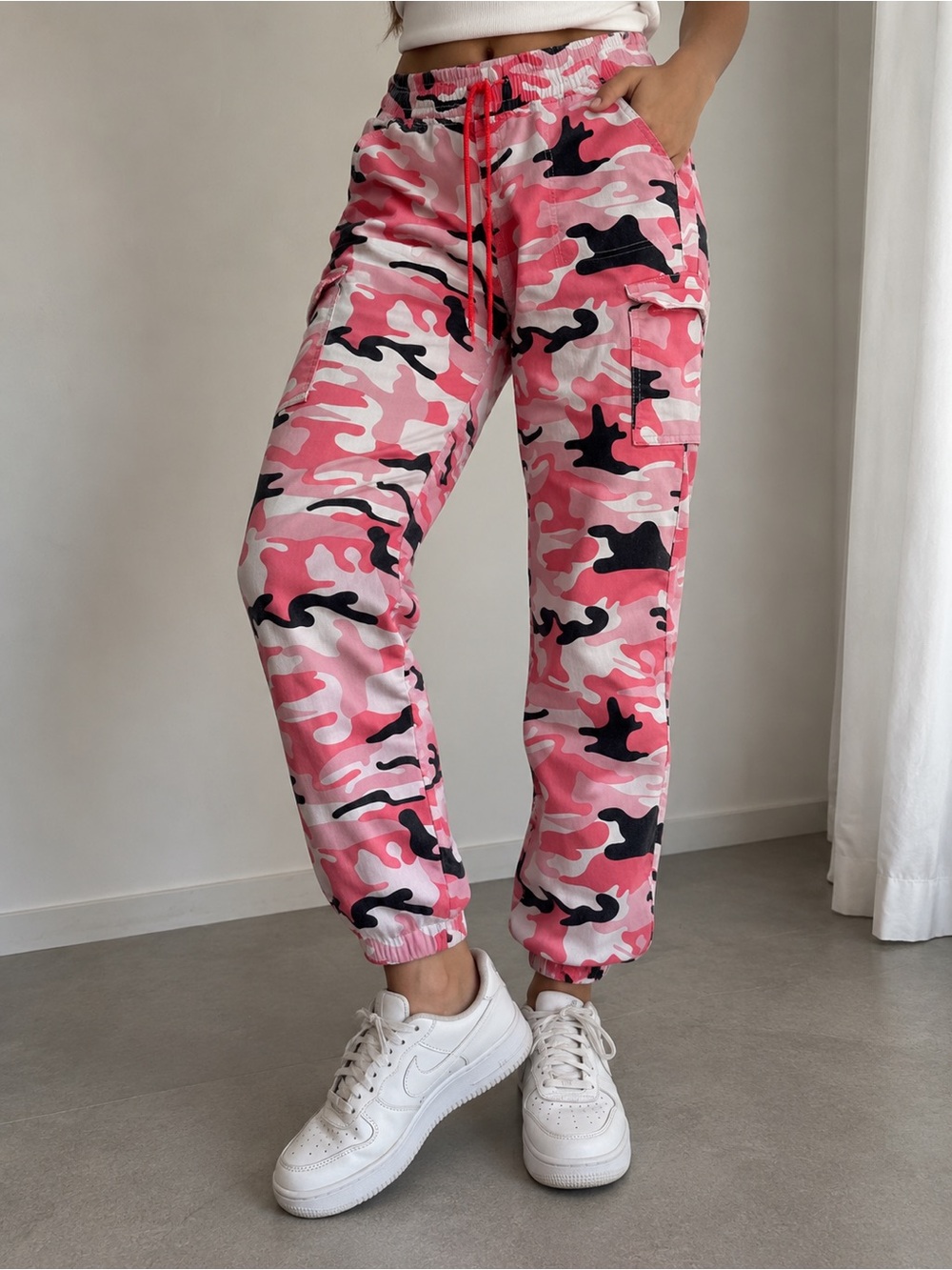 Girls Pink Camo Cargo Joggers with Drawstring Waist